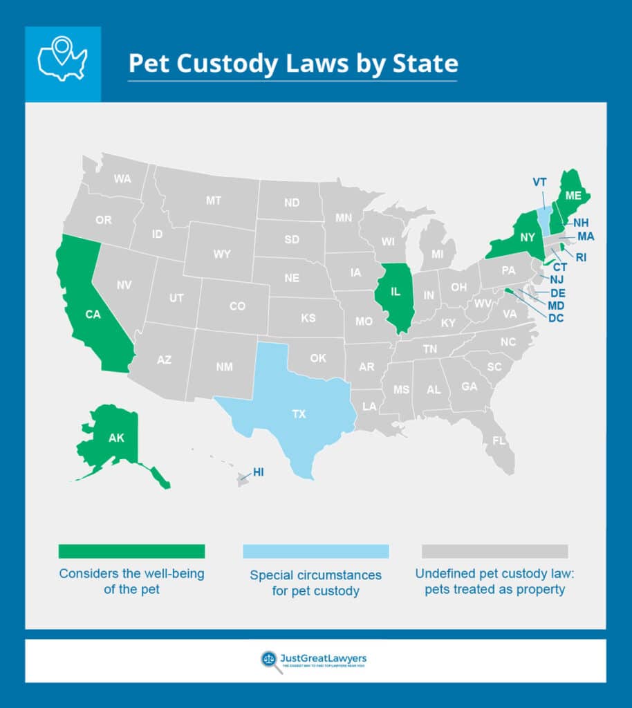 United States map with pet owner laws by state indicated